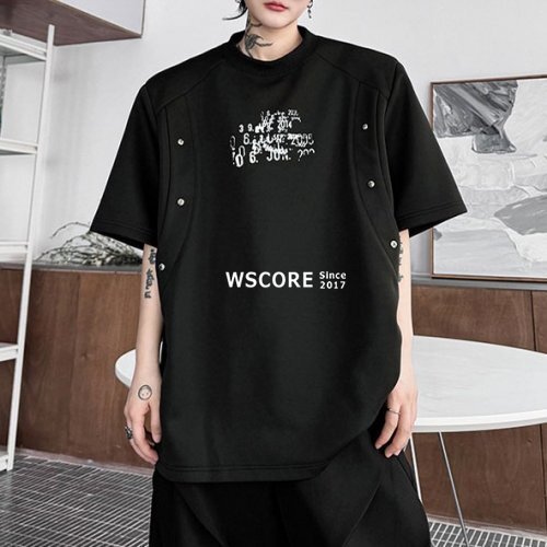 半袖Tシャツ メンズ リベット装飾 英字レタープリント 2色