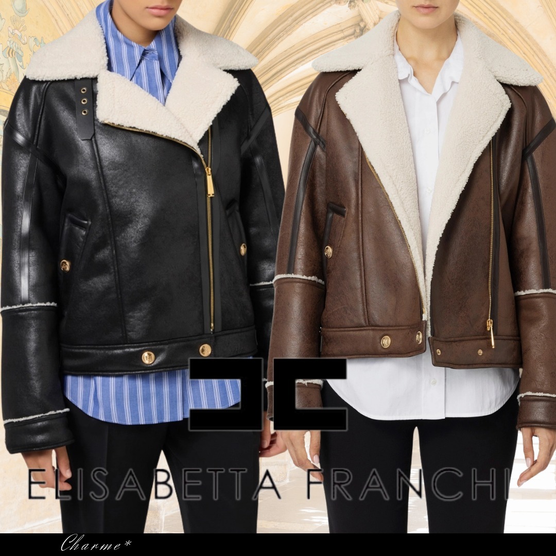 【ELISABETTA FRANCHI】レザー エフェクト ジャケット ロゴ付き