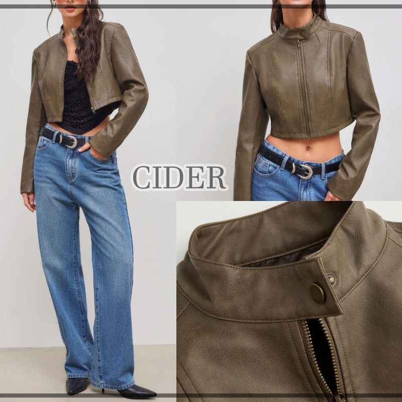 【CIDER】フェイクレザー スタンドカラー クロップジャケット