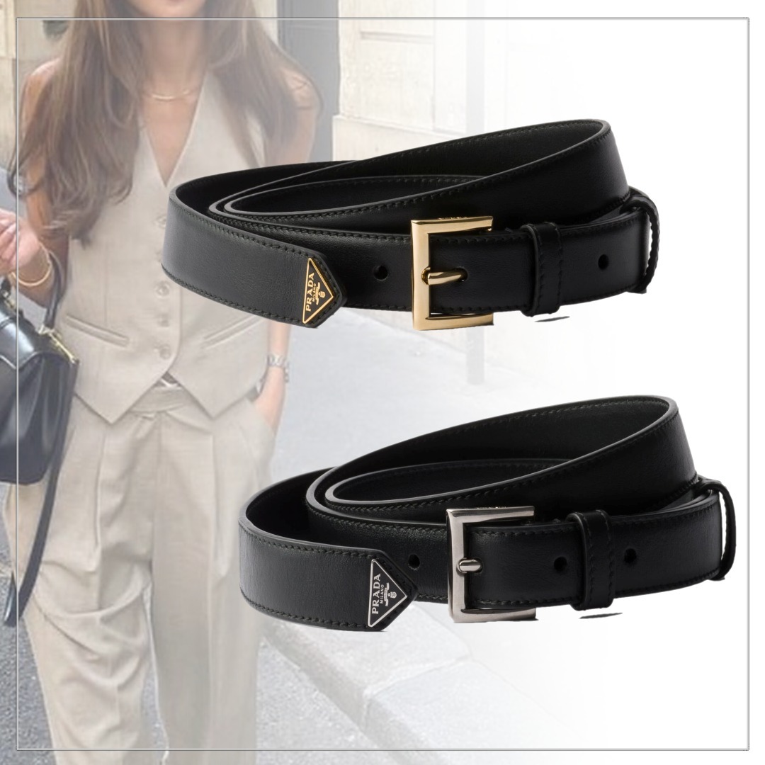 大人気 PRADA◆レザーベルト エナメル三角形ロゴ メタルバックル
