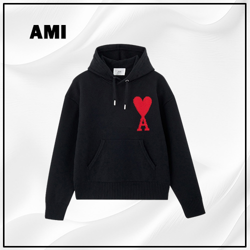 ★【AMI PARIS】 Big Heart Logo Wool Knit Hoodie Black★