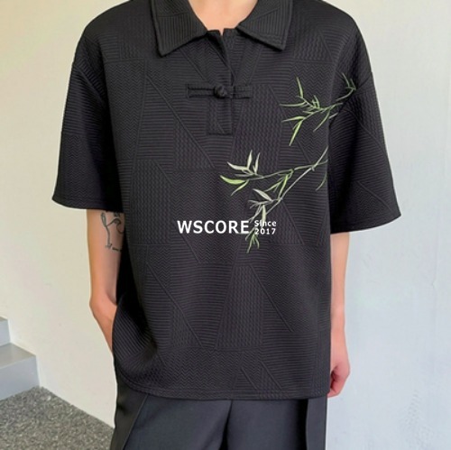 半袖Tシャツ メンズ 襟付き 刺繍 ディスクボタン 2色