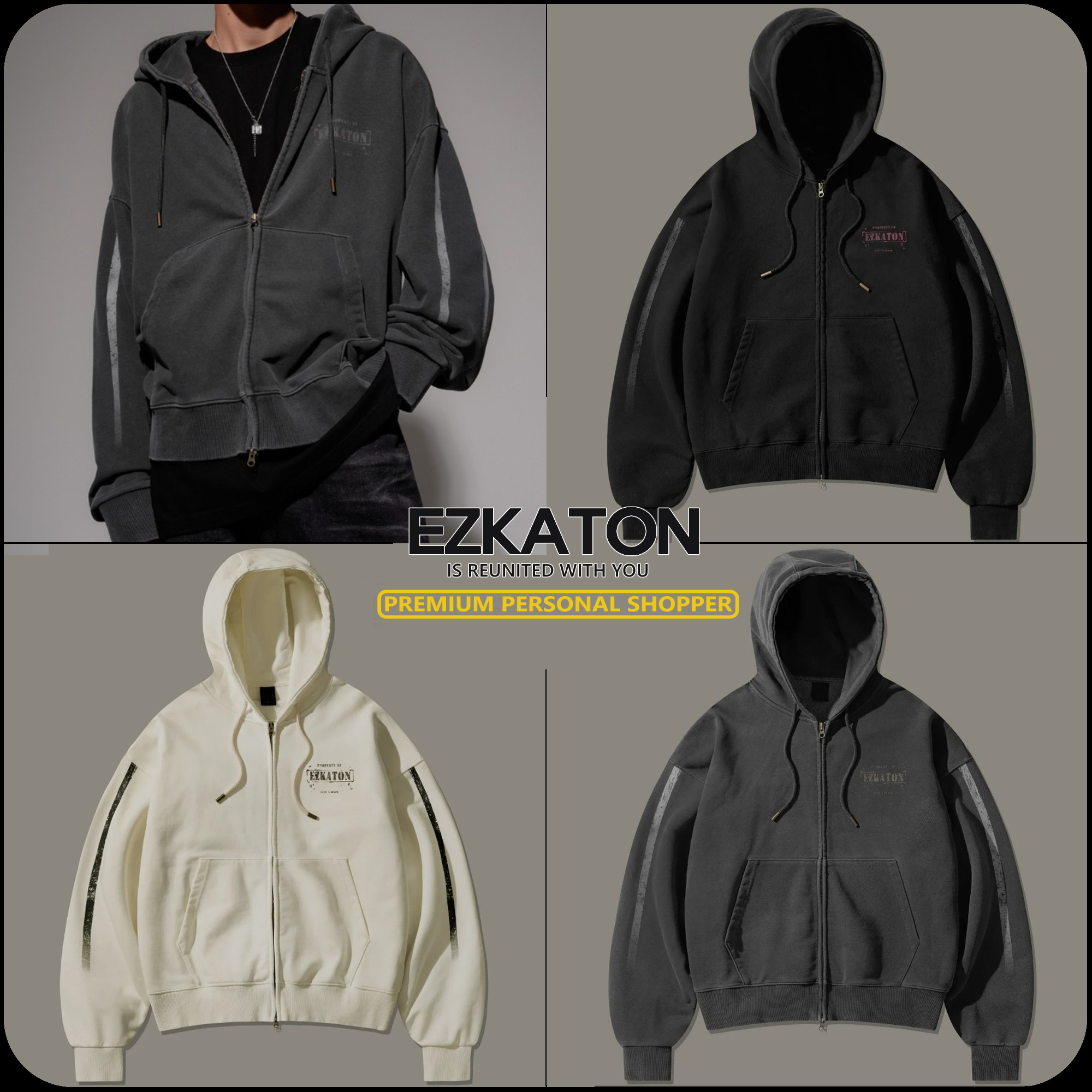 [ EZKATON ]★24FW★韓国人気★TRACK LINE PIGMENT HOOD ZIP-UP