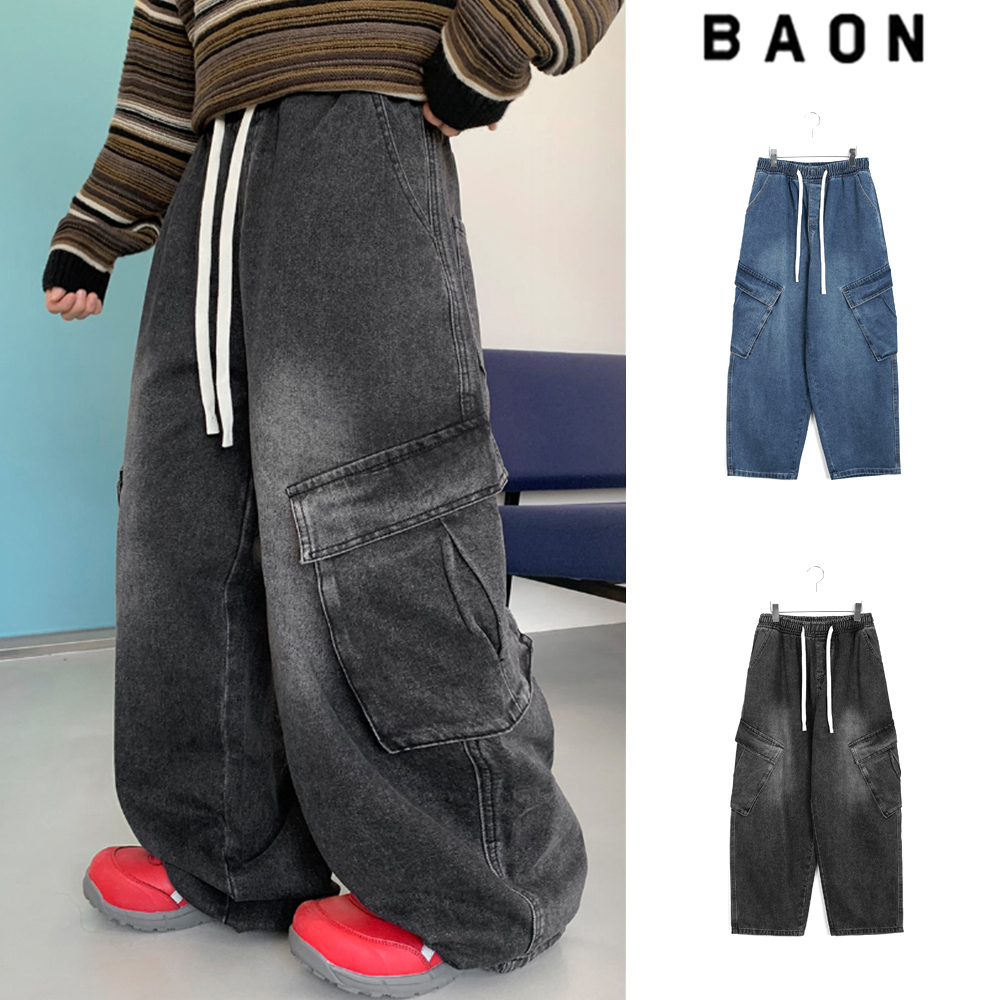 【BAON】[unisex] Lumi banding snap wide cargo denim pants