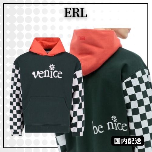ERL◆Venice チェッカースリーブ フード付きスウェット フーディ