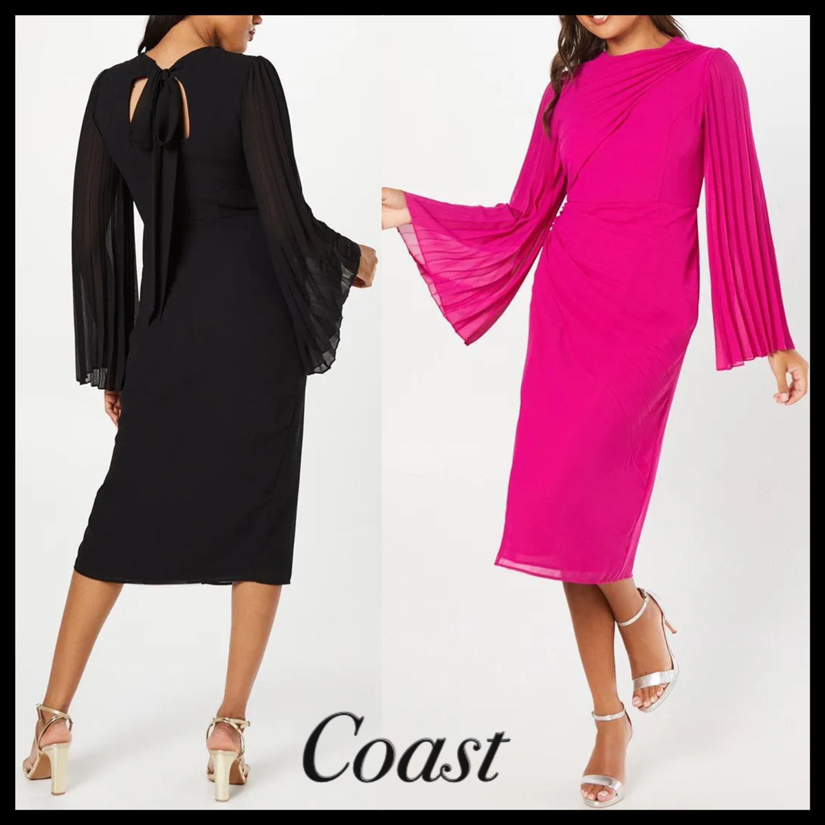 Coast* ミックス プリーツ ジョーゼット ミディドレス
