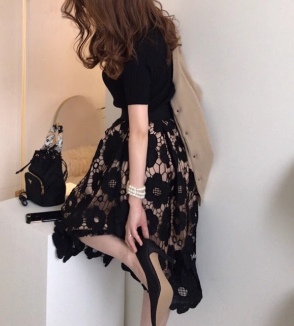 花柄レース フレア スカート ハイウエスト レース 花柄 韓国 黒