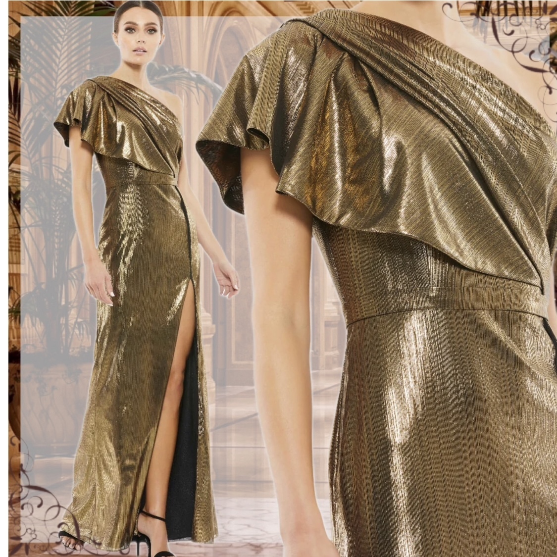 送料関税込■Mac Duggal■ワンショルダー■メタリックドレス■