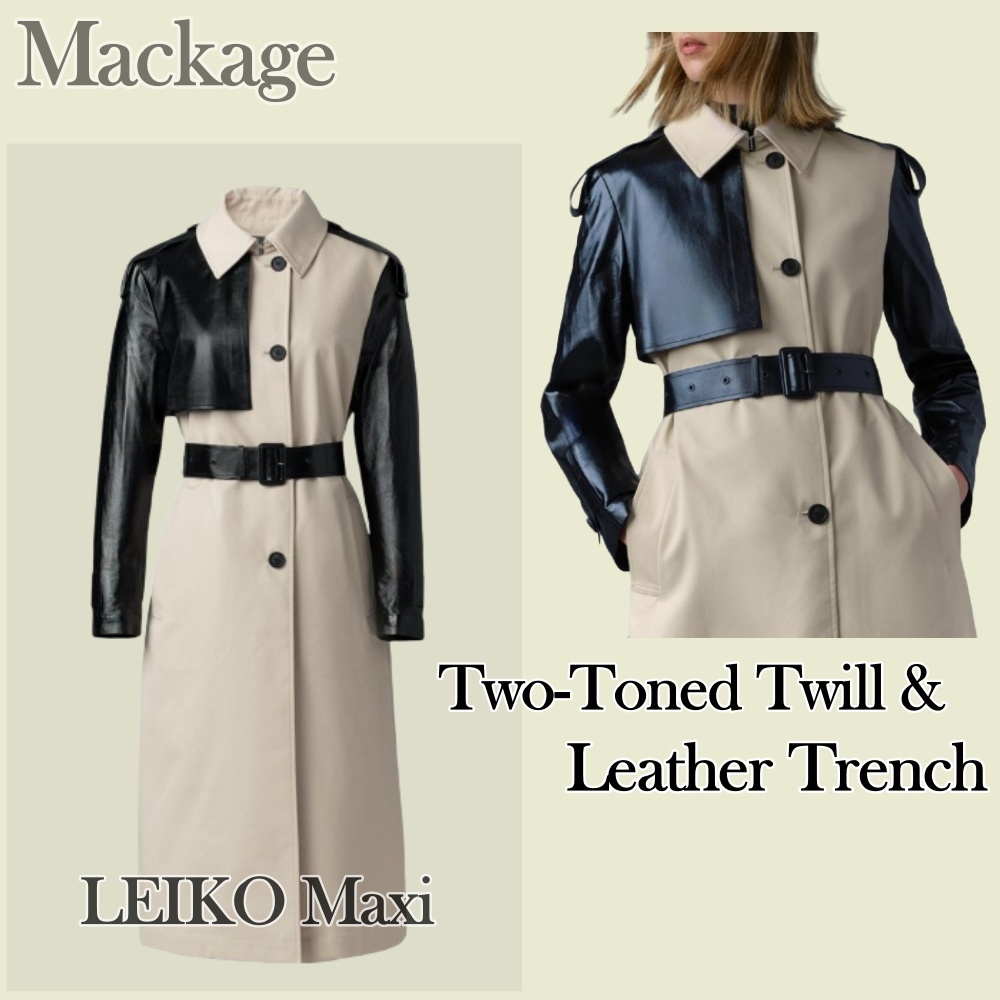 ◆MACKAGE LEIKO マキシ ツートン ツイル & レザー トレンチ