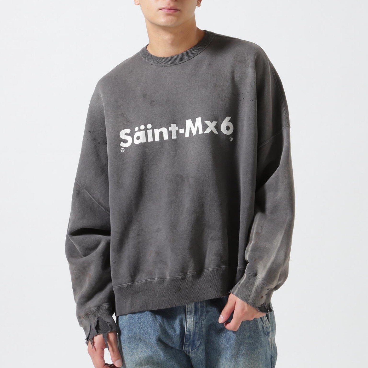 すぐ届く セントマイケル スウェットシャツ ロゴ ダメージ加工