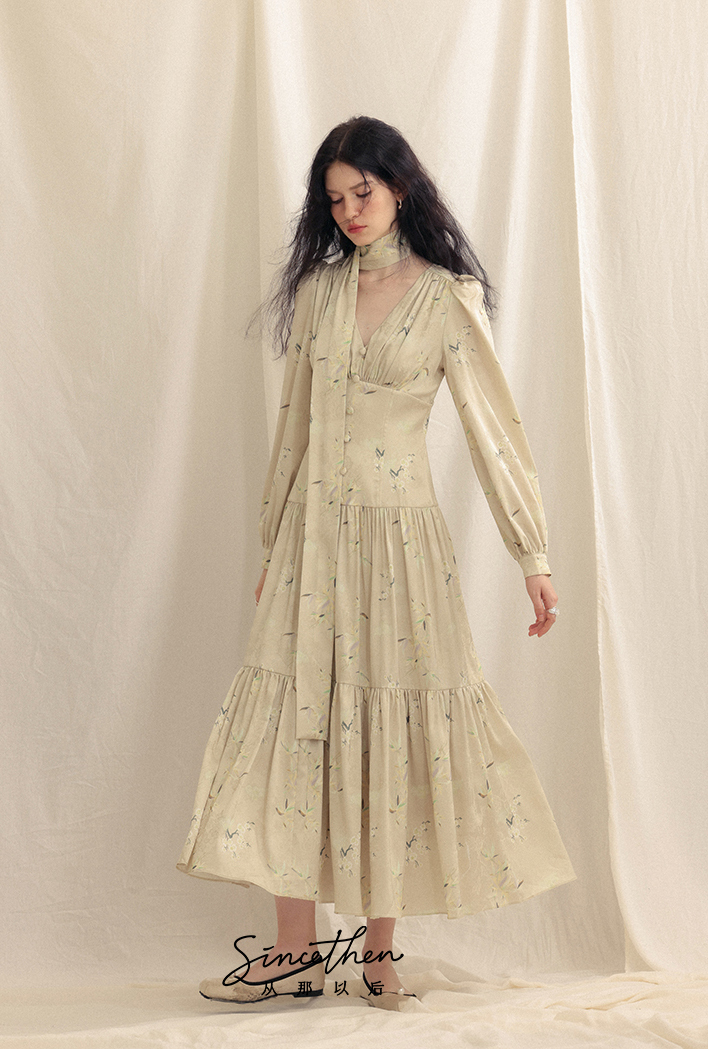 Since Then jacquard長袖パフワンピース ドレス リボン付き