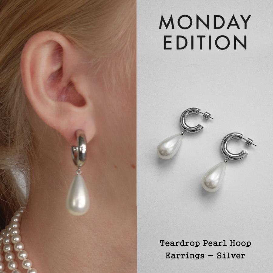 【MONDAY EDITION】Teardrop Pearl Hoop Earrings - Silver