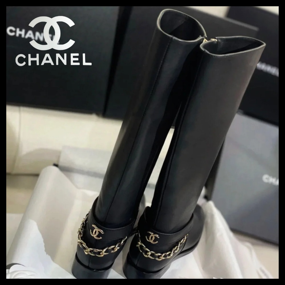 【チェーンにCCマーク】CHANEL ロングブーツ ブラック チェーン