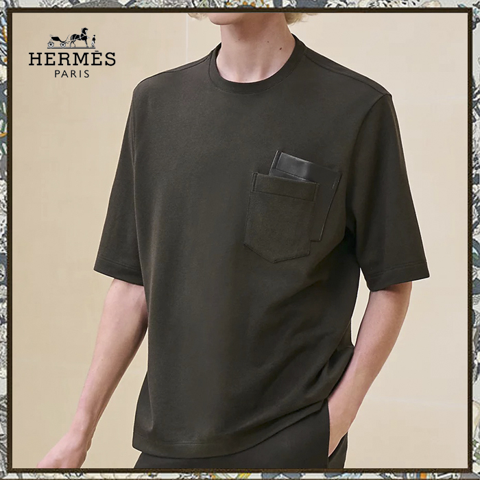 HERMES 24AW《レザーポケット付きTシャツ》カーキ DHL 直営店