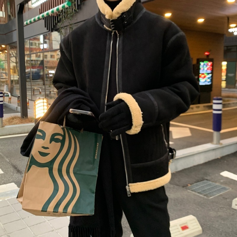 ラムウー ルスタンドカラー スエードコート メンズ 冬 韓国 i317