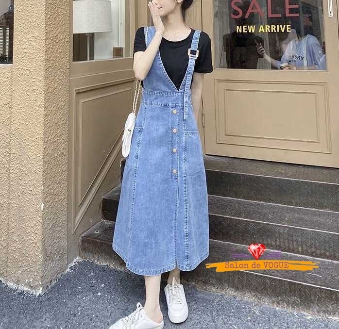ワンピース ジャンパースカート デニム ミモレ丈 カジュアル