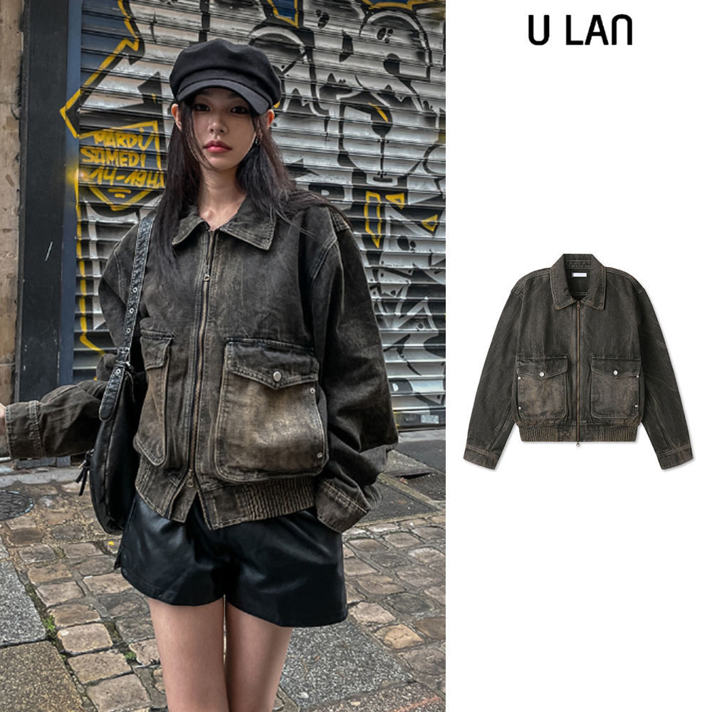【U LAN】Vintage washed balloon collar denim jacket