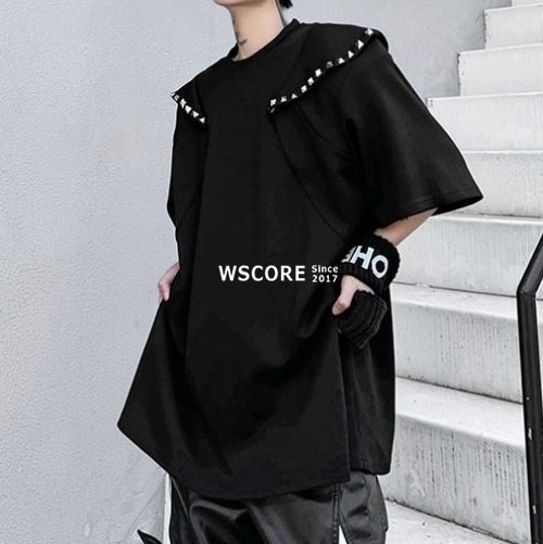 半袖Tシャツ メンズ パッチワークリベット装飾デザイン 2色