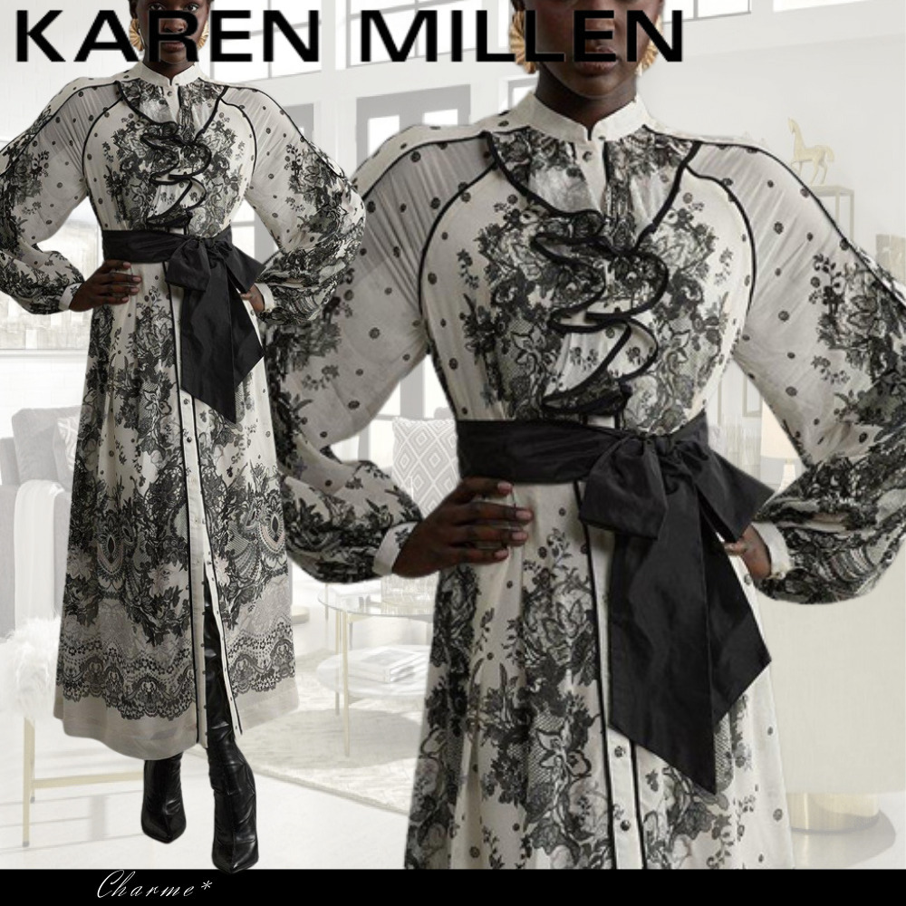 KAREN MILLEN マキシドレス ワンピース フレア 長袖 花柄