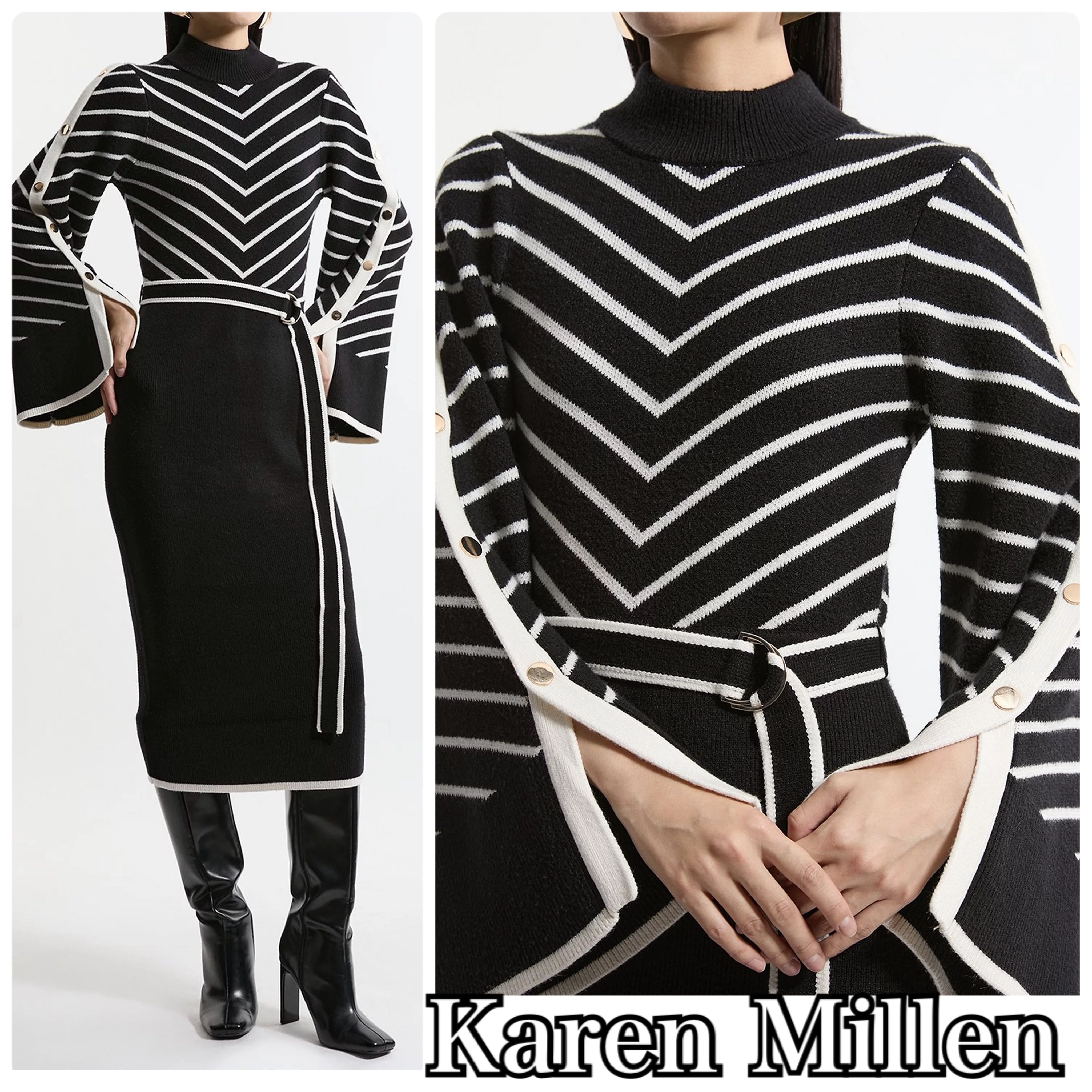 【Karen Millen】ストライプ ニット ベルト付 ワンピース