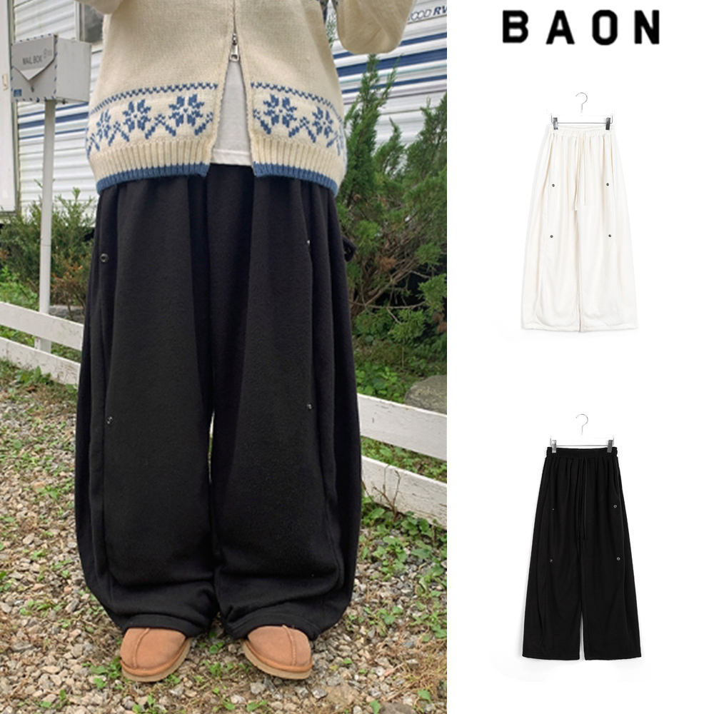 【BAON】Yutini banding snap button fleece wide pants