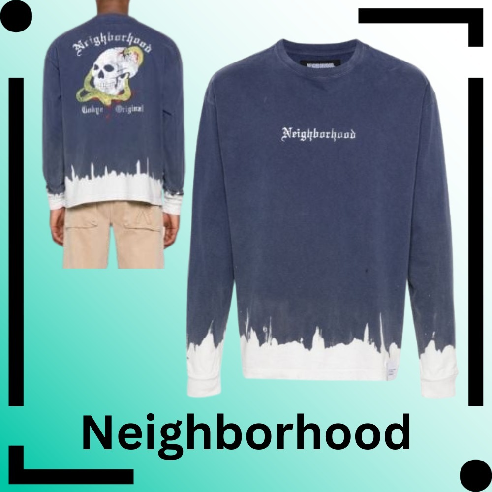 Neighborhood♦ブルー ロゴプリント コットン Tシャツ