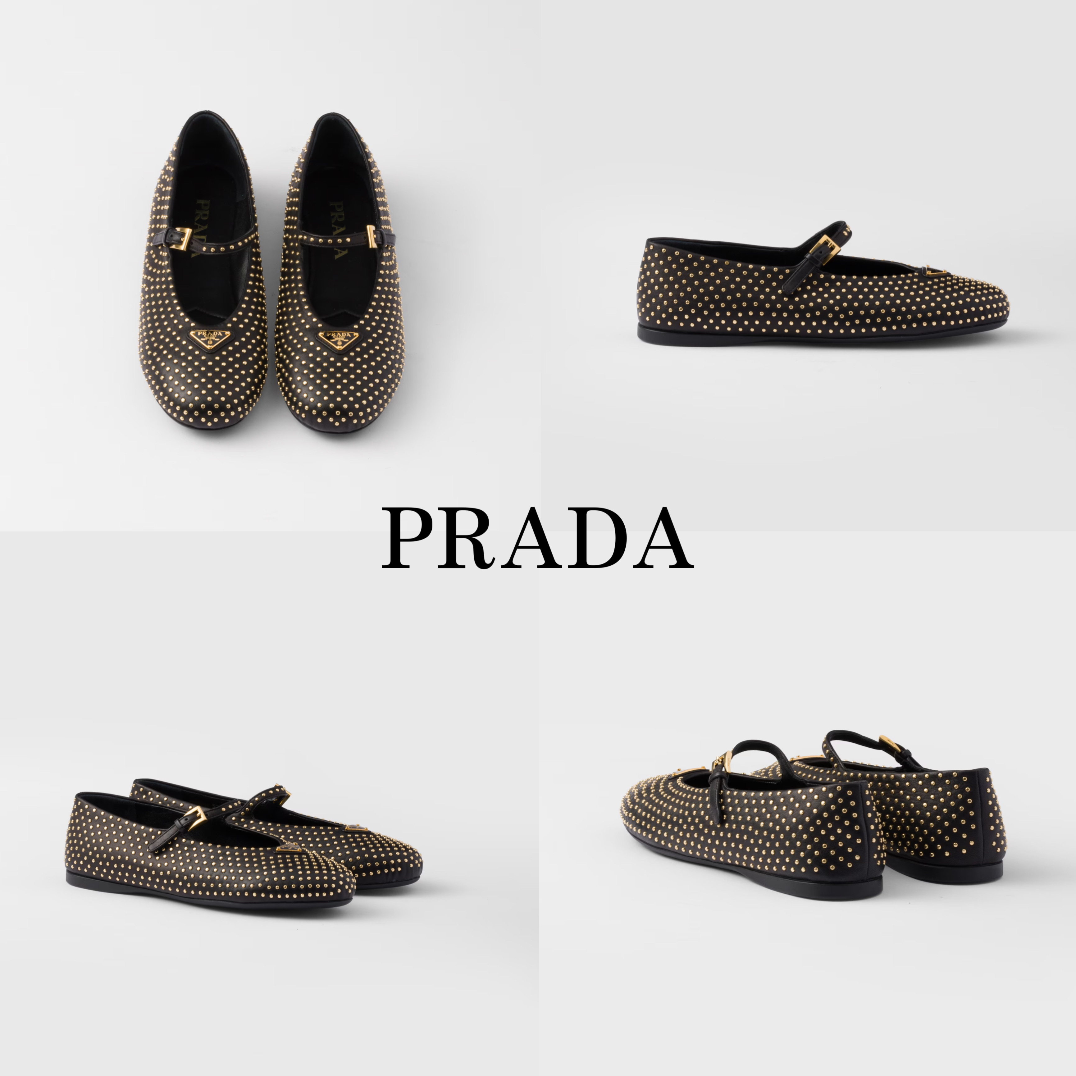 新作*PRADA* ゴールドスタッズ付き ナッパレザーバレリーナ