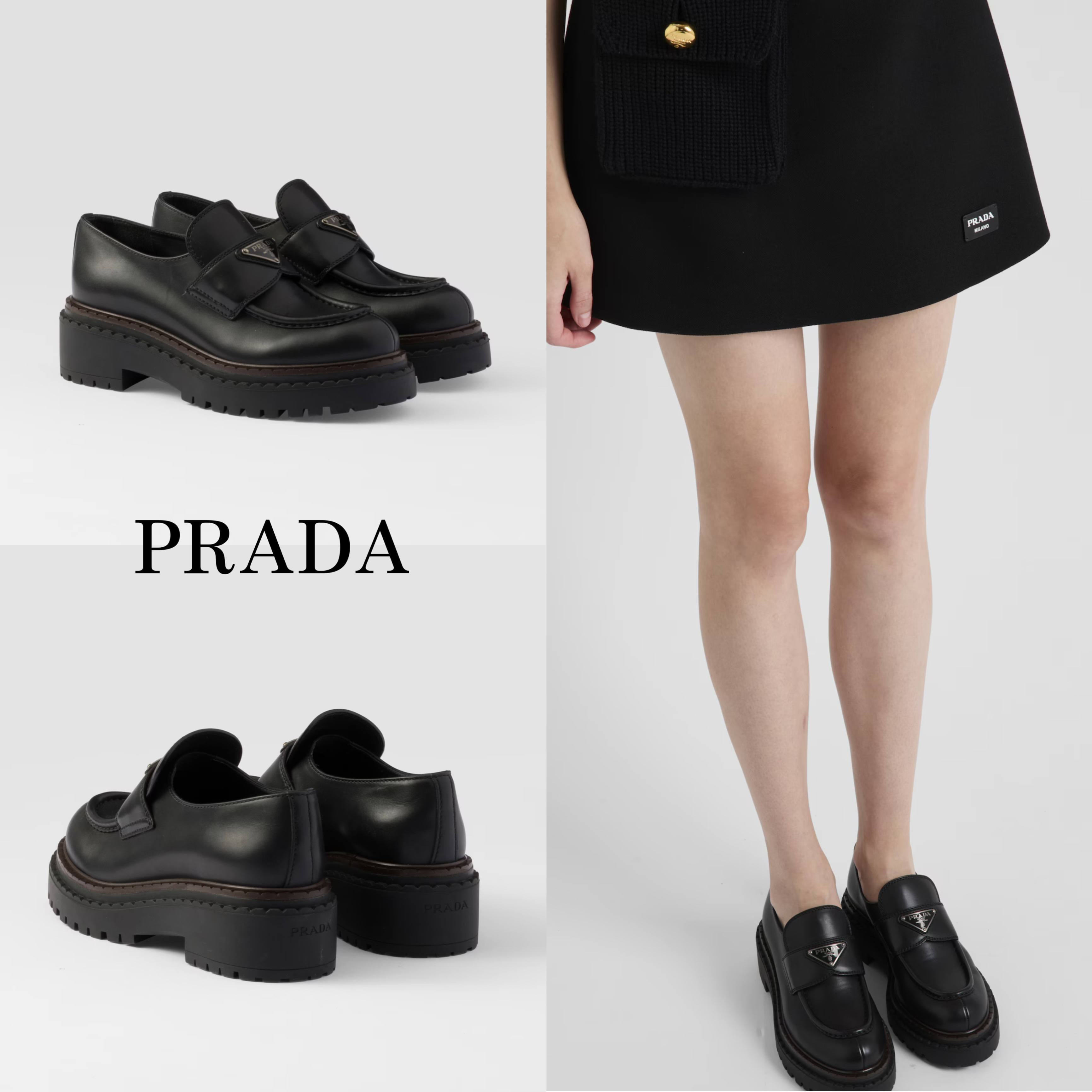 新作*PRADA* ダブルチョコレート レザーローファー 厚底