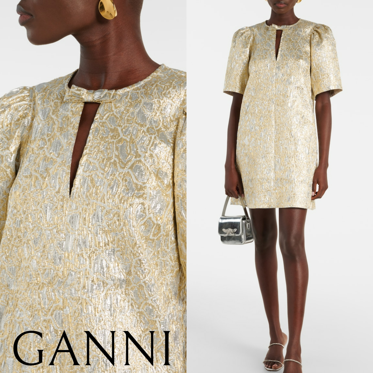 新作*GANNI*ブロケードミニドレス ゴールドミニワンピース
