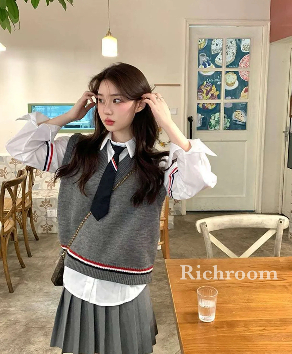 制服風 セットアップ ベスト シャツ スカート ネクタイ付 韓国