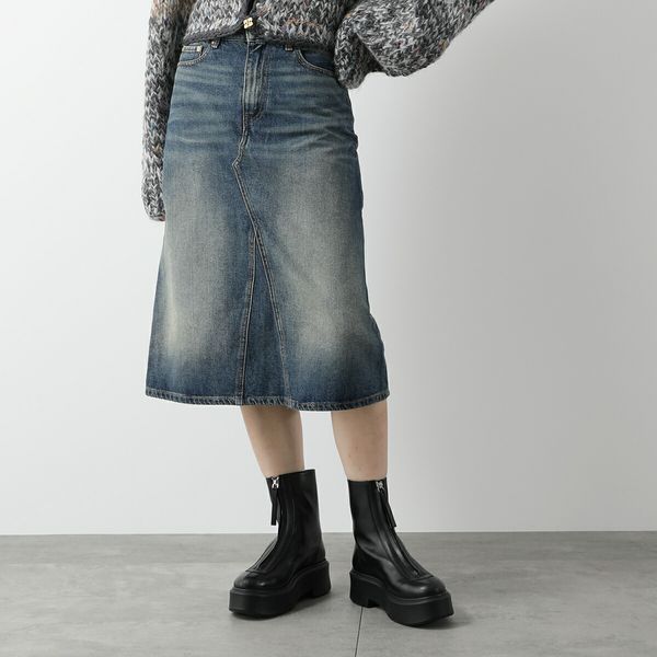GANNI デニムスカート J1561 6808 ミディアム丈 ロゴ刺繍パッチ