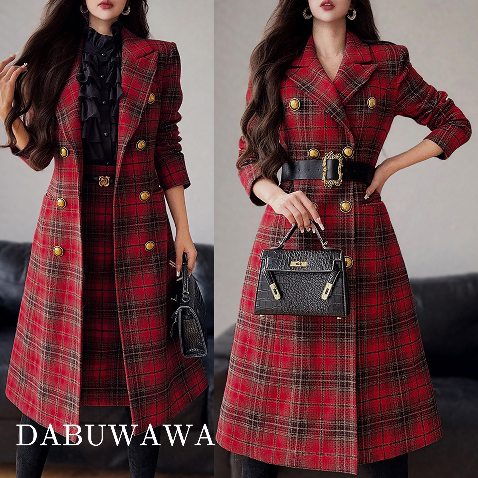 DABUWAWAフリース チェスターコート チェック柄 レディース