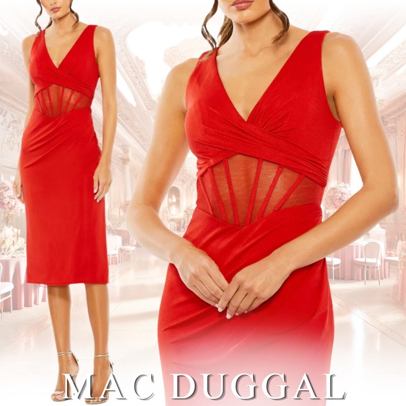 【送料関税込】MAC DUGGAL ミディドレス シアーケージミッドリフ