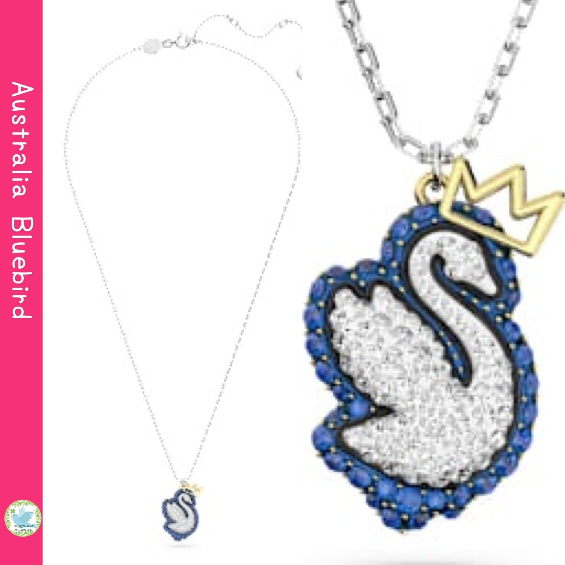 関税込★SWAROVSKI Swan ブルーペンダント 王冠スワンネックレス