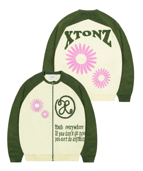 アウターその他 XTONZ XTK073 Flower Raglan Knit Zip-up KHAKI xtk073KH