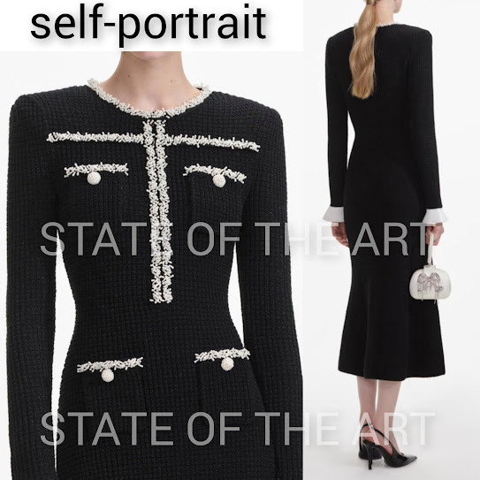 新作【Self Portrait】ブラック パールトリム ニットドレス Black Pearl Trim Knit Midi Dress – self-portrait-US