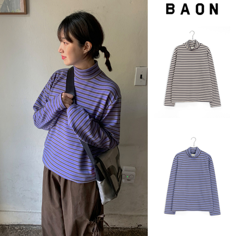 【BAON】Timoka Stripe Brushed Turtleneck Tee