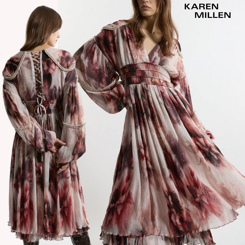 【KAREN MILLEN】バルーンスリーブ シワ加工 フローラル ミディ