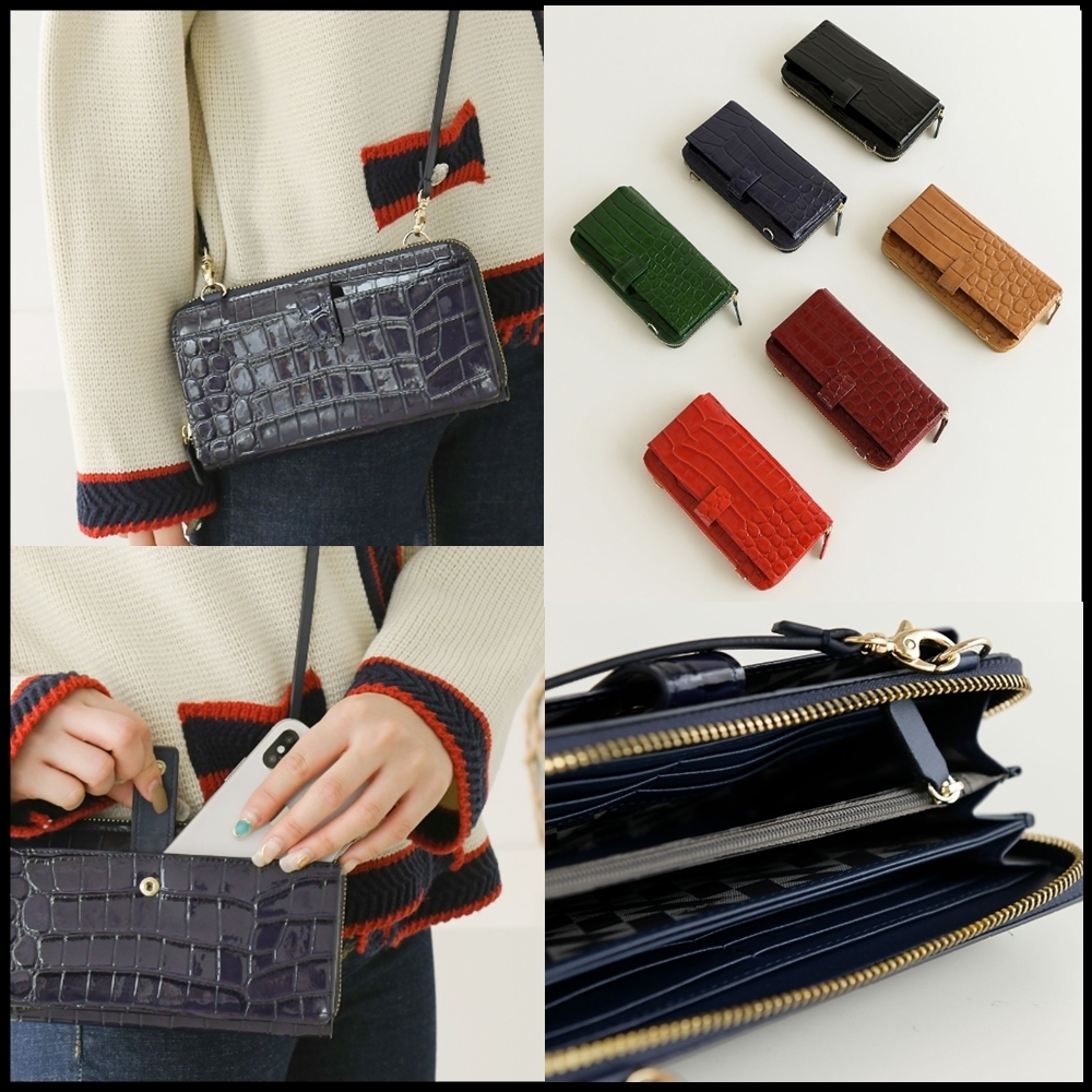 牛革★携帯入れ 斜め掛け ラウンドジッパー長財布+スマホポーチ