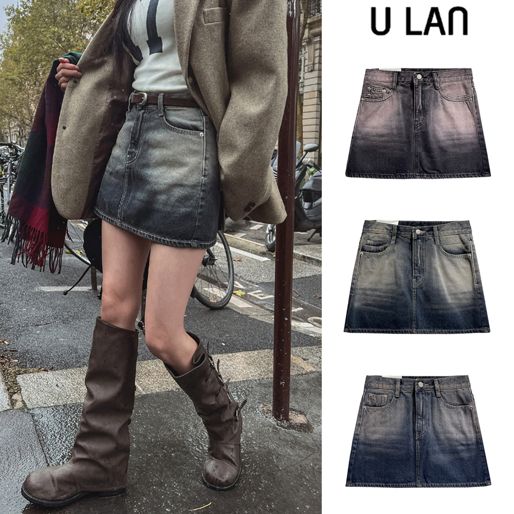 【U LAN】Gra Washing Denim Mini Skirt