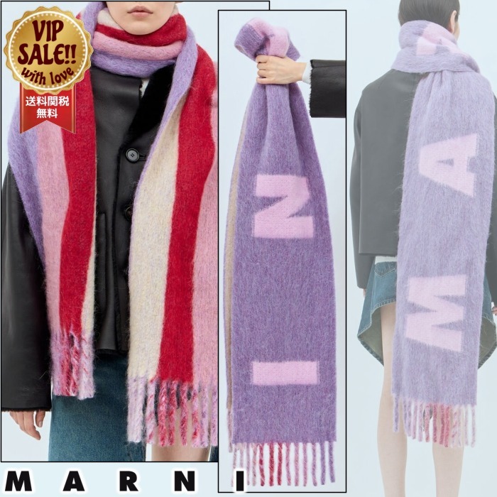 【MARNI】 マキシ ロゴ モヘア＆ウール スカーフ パープル