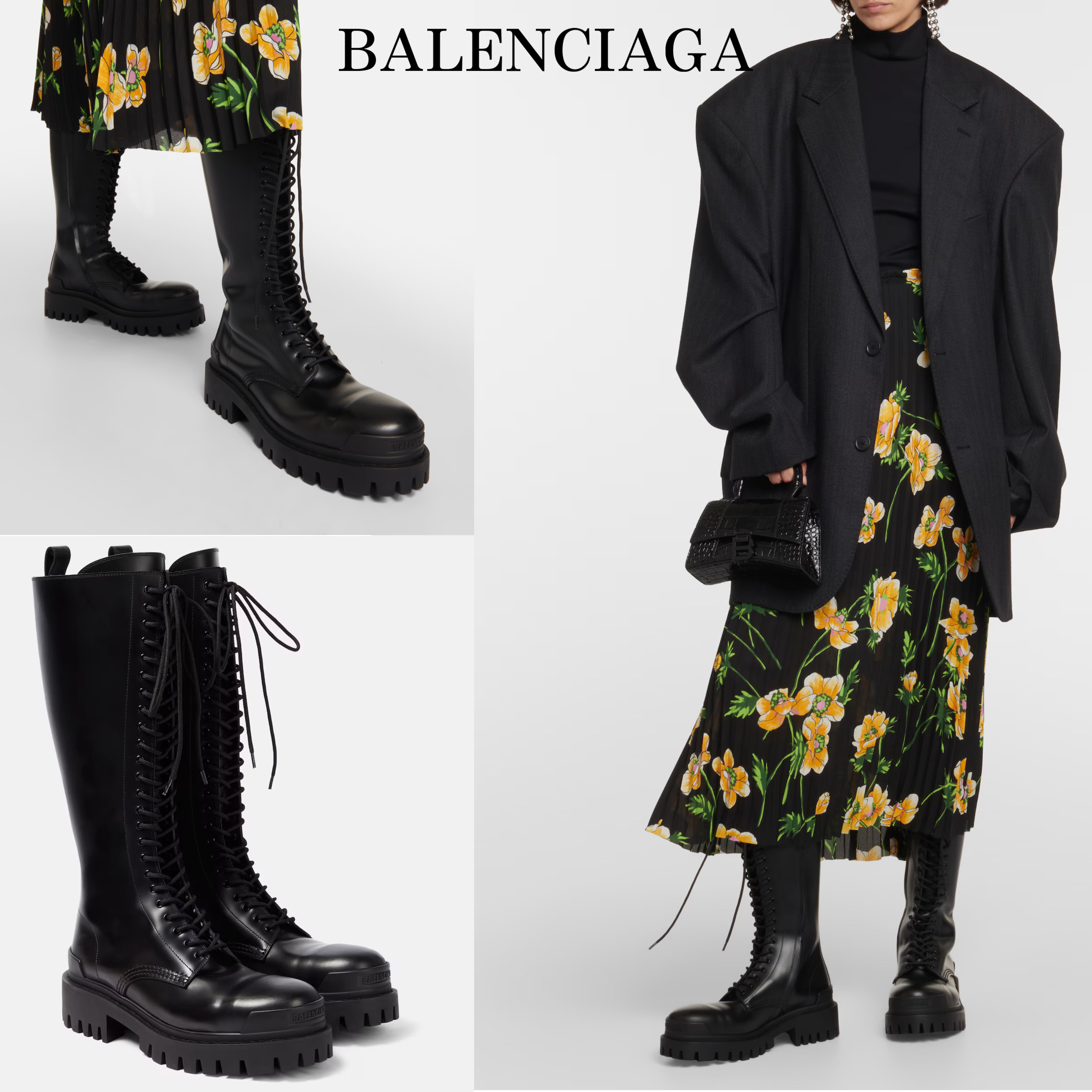 *BALENCIAGA* ロゴ入 レザーレースアップブーツ ブラック