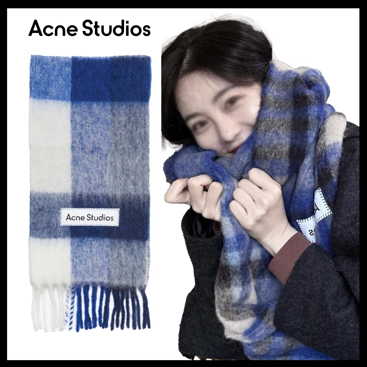 【Acne Studios】Mohair Check Scarf White Grey  Blue
