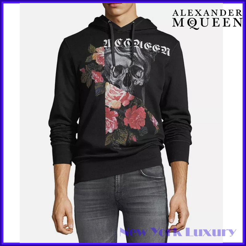 ALEXANDER MCQUEEN★Black Pieced Skull Roses Graphic Hoodie
