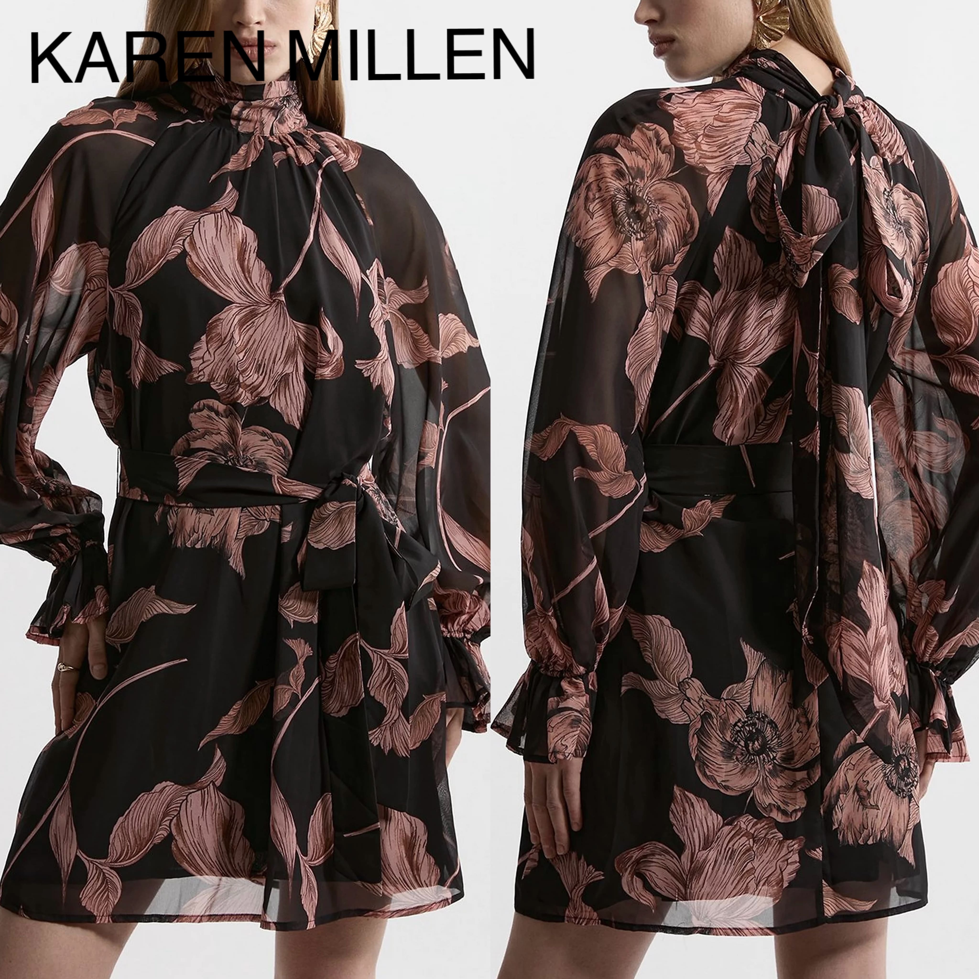 【Karen Millen】ジョーゼット タイネック ミニワンピース