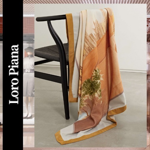 Loro Piana◆カシミアブランケットプリント柄スエードトリミング