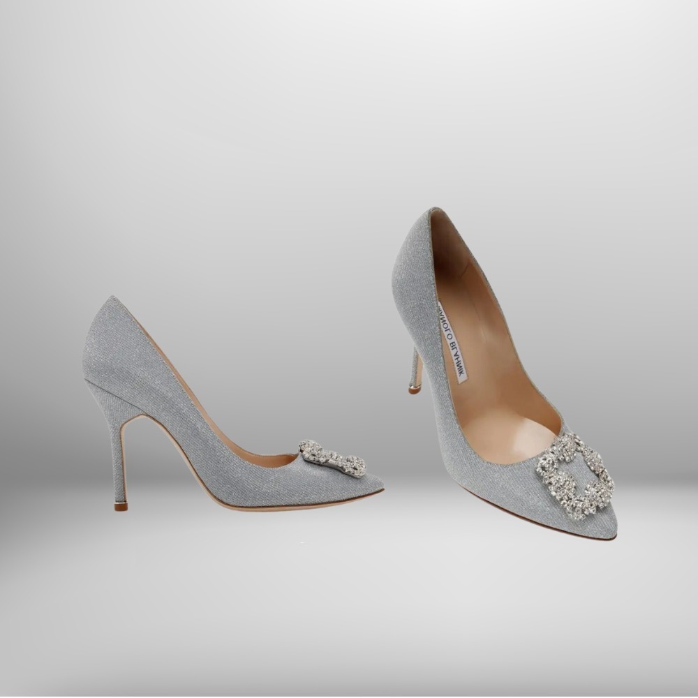 送料込+MANOLO BLAHNIK+hangisiシルバーグリッターパンプス