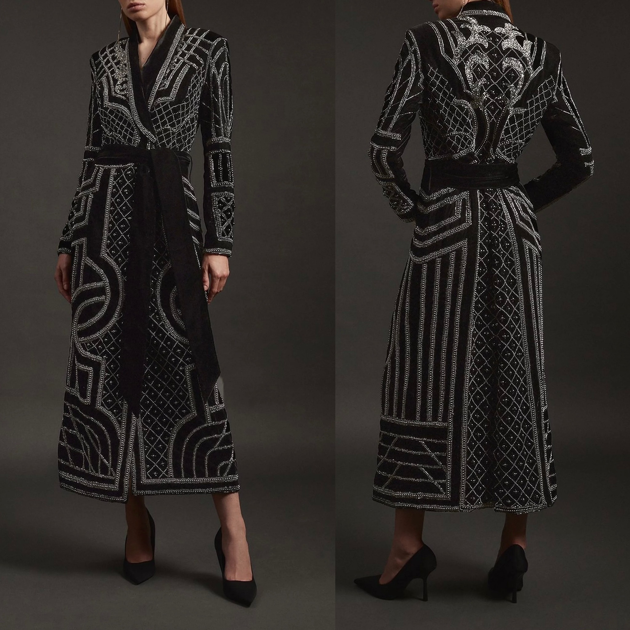 安心追跡【KAREN MILLEN】ベルベット刺繍ブレザーマキシドレス