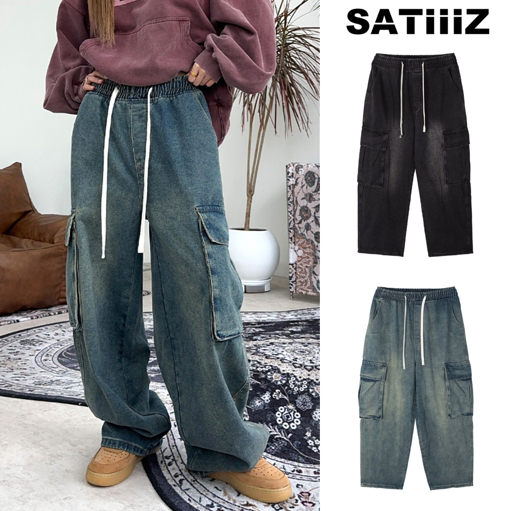 【SATIIIZ】Eater Button Cargo Banding Denim Pants