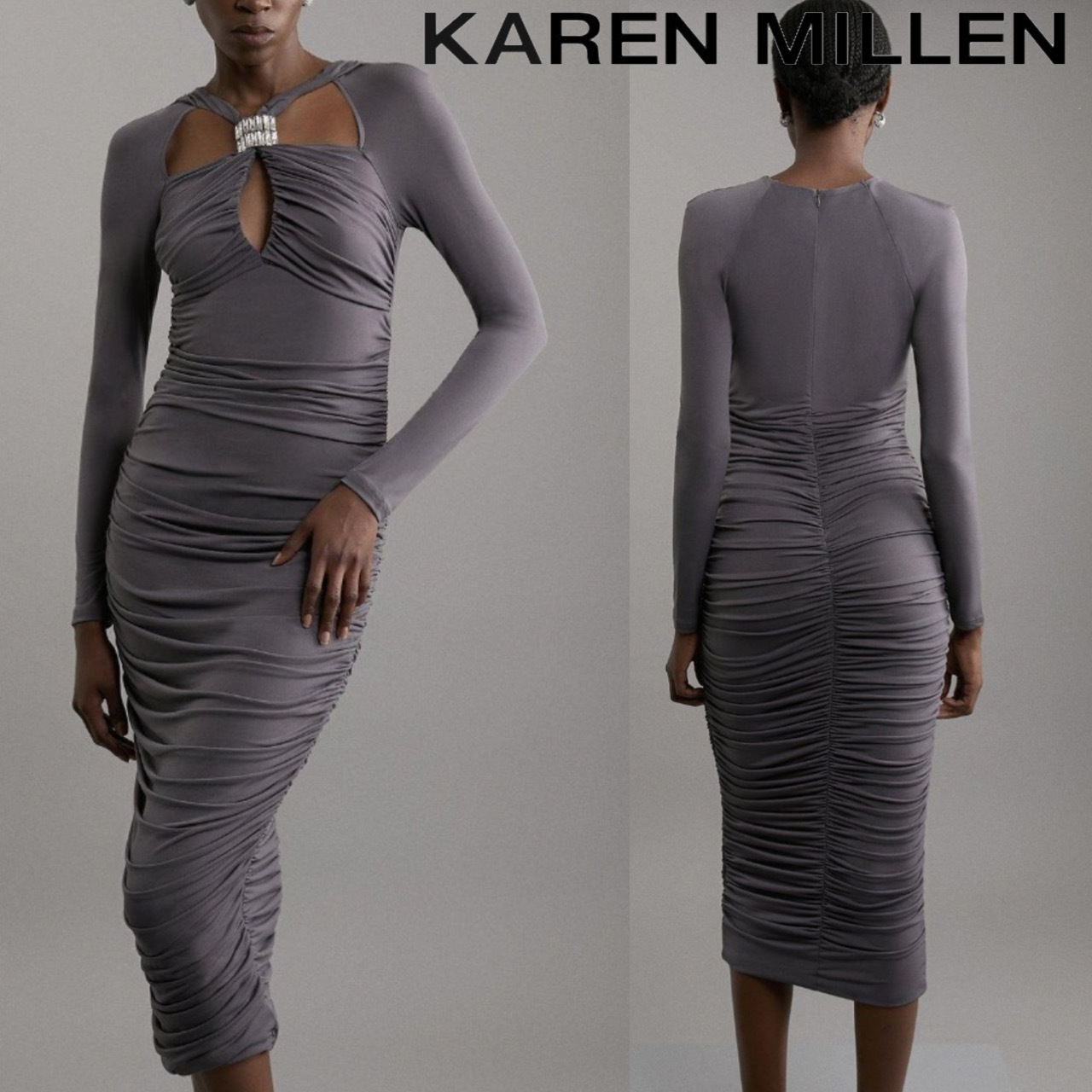【KAREN MILLEN】プチドレープクレープクリスタル装飾ドレス
